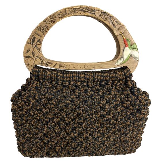 Vintage Knit Tote Purse with Wooden Handles and Hummingbird Detail - Picture 2 of 5
